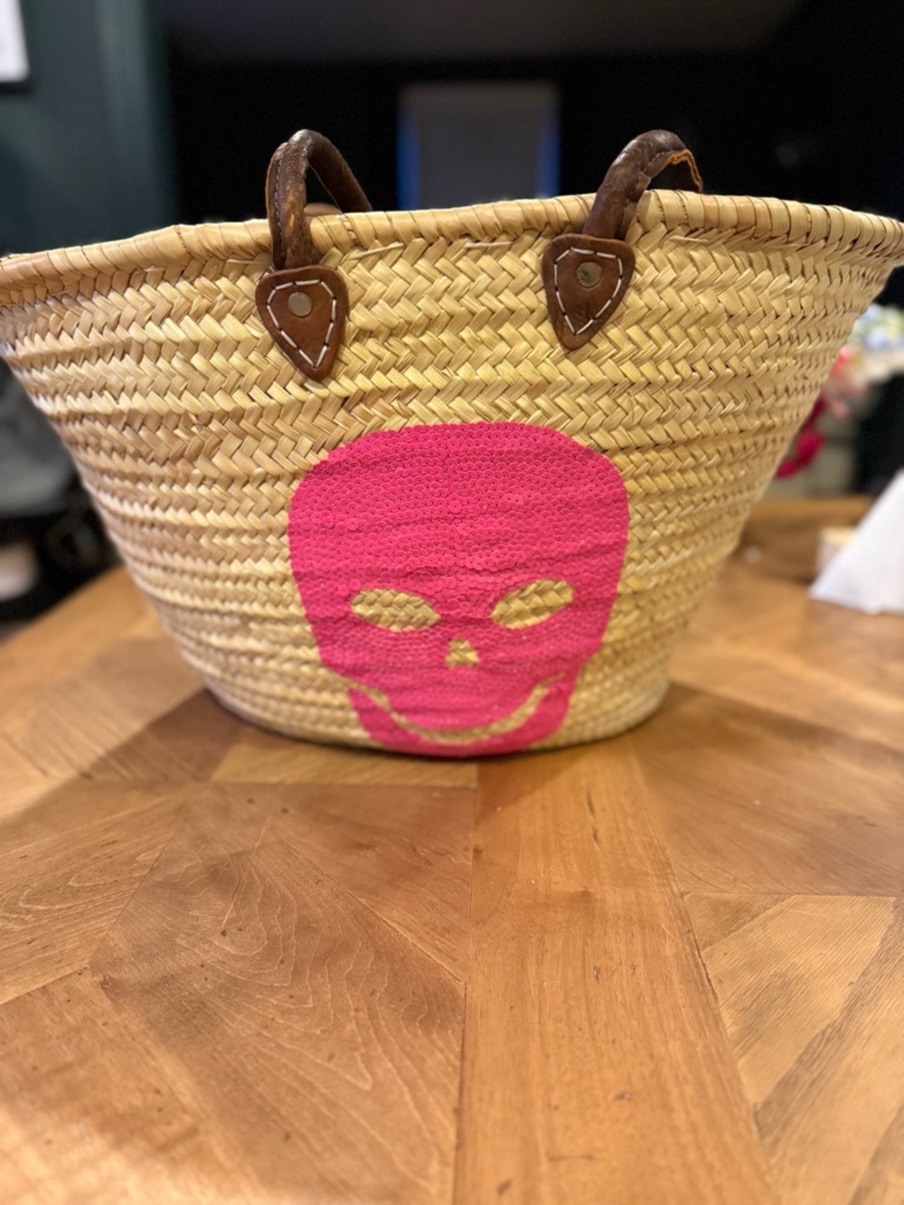 Woven Straw Tote with Pink Skull Accent